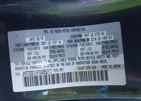 2015 Mazda Cx-9 Touring from USA, damaged, VIN JM3TB3CVXF0465210